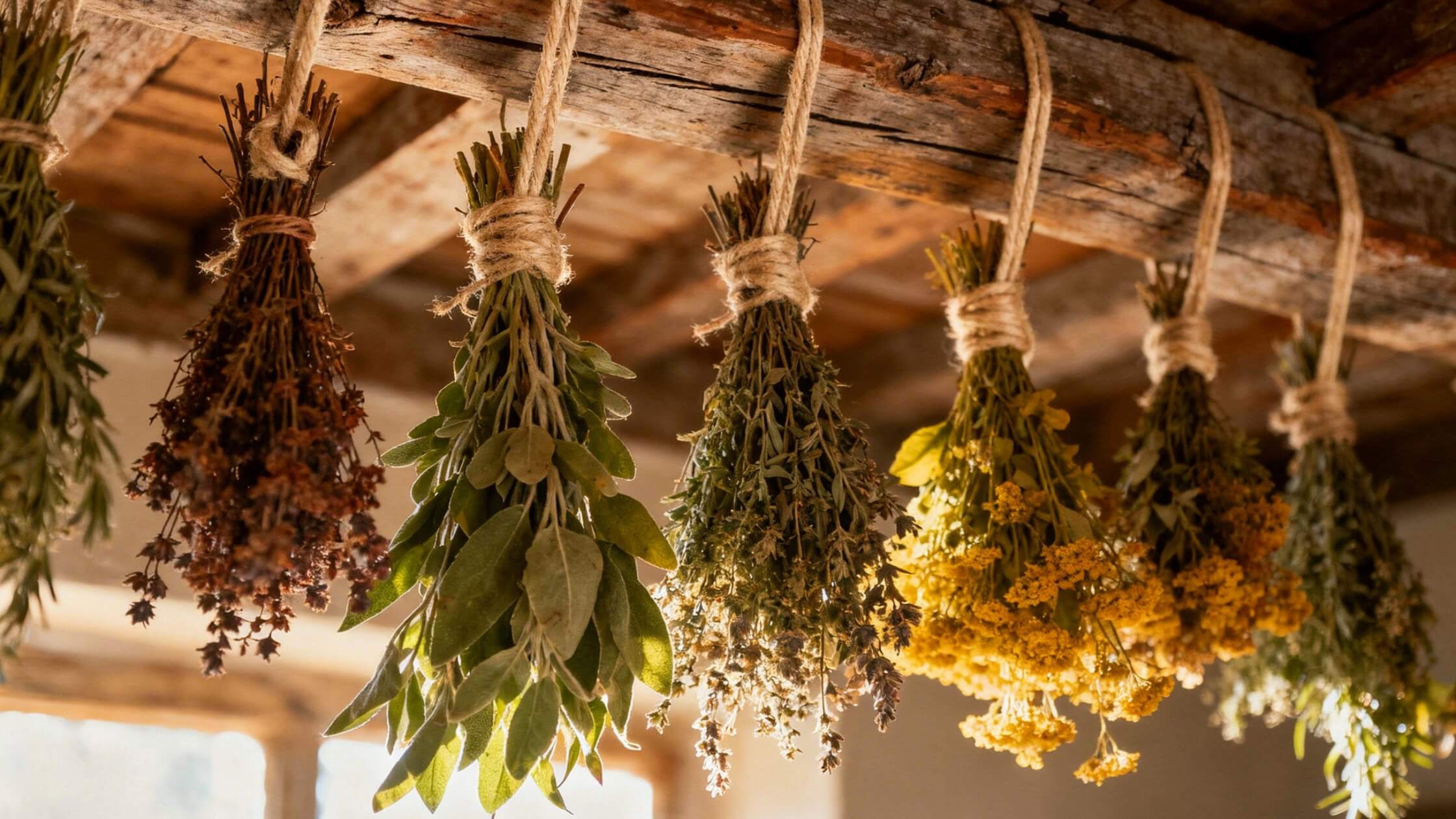 Getrocknete Kraeuterbuendel aus Johanniskraut und Beifuss haengen an Holzbalken - traditionelles Aufbewahren der Litha-Kraeuterernte