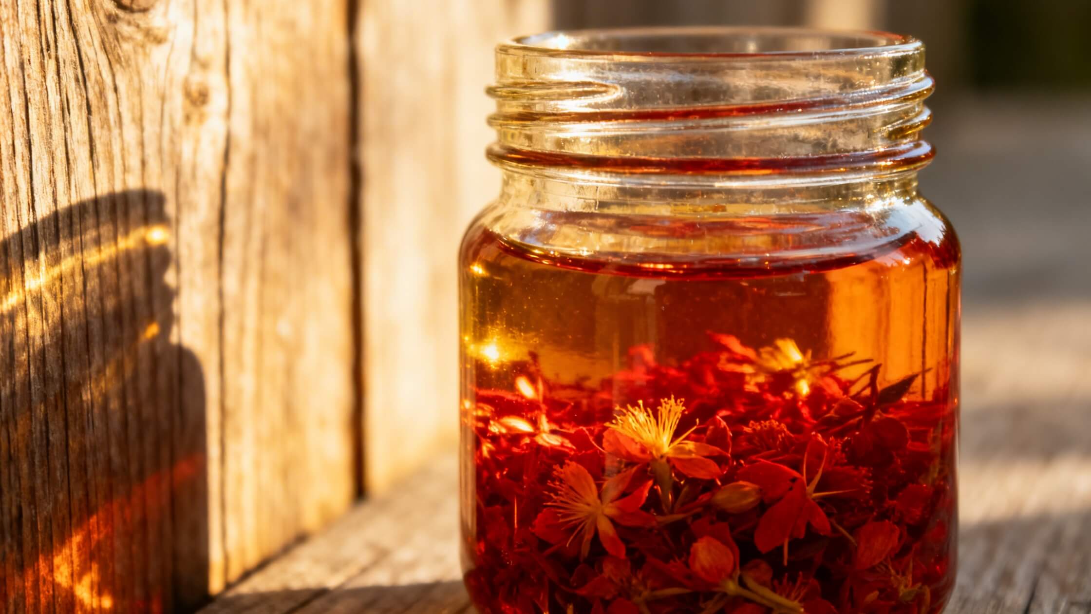 Selbst hergestelltes Johannisoel (Rotoel) im Einmachglas in der Sonne - das klassische Litha-Heilmittel aus Johanniskrautblueten in Olivenoel