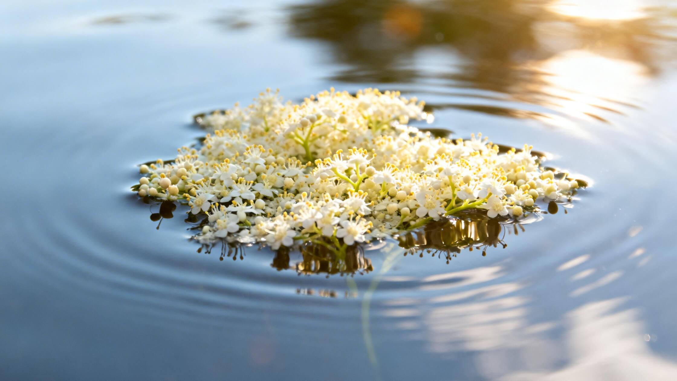 Holunderblueten treiben auf einer stillen Wasseroberfläche - traditionelles Litha-Wasserritual als Opfergabe zur Sommersonnenwende