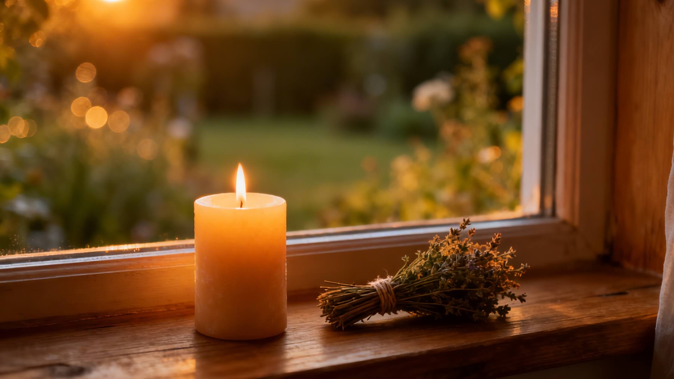 Kerze auf dem Fensterbrett mit einem Kraeuterzweig bei Sonnenuntergang - einfaches Litha-Alltagsritual fuer alle ohne Lagerfeuer